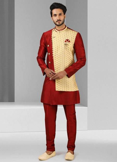 Maroon Colour Excluisve Wear Art Silk Digital Print Kurta Pajama With Jacket Mens Collection 1441